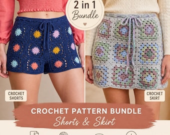 Conjunto de Shorts e Saia de Crochê | Padrões de Quadrados da Vovó em PDF | Conjunto Boho de Verão | Roupa de Crochê 2 em 1