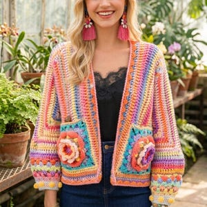May include: A colorful, open-front crochet jacket with a rainbow of hues, featuring square pockets with floral appliqués. The jacket has long sleeves with pom-pom details and is worn over a black top and blue denim skirt. The background is a greenhouse.