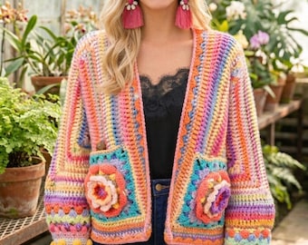 Molde de crochê para jaqueta bomber hexagonal | Cardigã quadrado boho da vovó (Download em PDF)