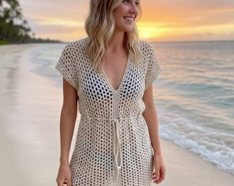Molde para saída de praia boho em crochê | Túnica com decote em V, tamanhos P-GG (molde em PDF)