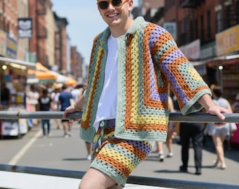 Conjunto de crochê masculino estilo "Grandma Square" | Cardigã retrô e shorts (padrão em PDF)