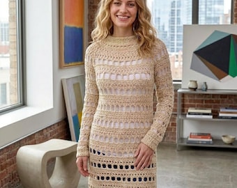 Molde de túnica de crochê em PDF | Vestido suéter boho oversized | Molde de blusa de crochê moderna e fácil | Molde de túnica feminina