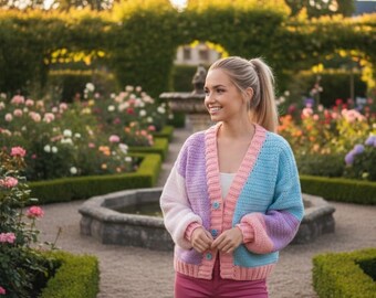 Cardigã de crochê em blocos de cores pastel, suéter de tricô boho oversized