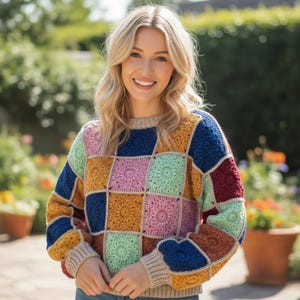 May include: A colorful, patchwork crochet sweater with a round neckline. The sweater features squares of various colors, including blue, yellow, pink, and green. The sleeves and neckline are a neutral beige color.