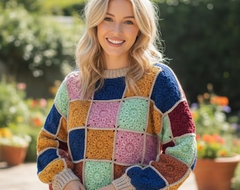 Padrão de crochê em PDF para suéter quadrado da vovó | Tutorial de pulôver patchwork colorido | Suéter quadrado boho com estampa de raio de sol |