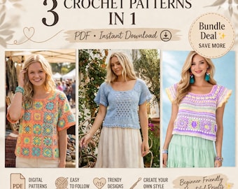 Pacote com 3 modelos de blusas de crochê em PDF | Blusas estilo vovó e boho | Ideal para iniciantes | Download instantâneo