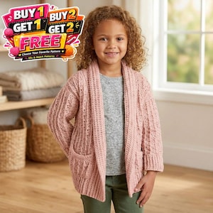 May include: A young person wearing a light pink, open-front, knitted cardigan with two front pockets. The cardigan is paired with a gray shirt and olive green pants. The image includes text that says "BUY 1 GET 1 FREE" and "BUY 2 GET 2 FREE".