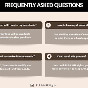 以下が含まれることがあります： 黒い背景に白い文字で「FREQUENTLY ASKED QUESTIONS」というタイトルが付いたグラフィック。グラフィックには、ダウンロード、カスタマイズ、再販権に関する質問と回答が記載された4つの番号付きセクションが含まれています。グラフィックの下部には「PLR＆MRR Rights」というテキストが含まれています。