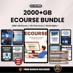 Pode incluir: Anúncio de um pacote de cursos eletrónicos digitais com o texto "ALL-IN-ONE 2000+ GB ECOURSE BUNDLE". A imagem mostra vários tablets que exibem diferentes cursos, como Machine Learning e Database. O pacote inclui acesso vitalício e direitos de revenda.