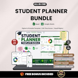 May include: A digital student planner bundle displayed on a laptop, tablet, and phone. The bundle includes Excel and Google Sheets templates, with the text "Student Planner Bundle" and "Free Bonus Included".