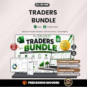 Könnte beinhalten: Ein digitales Produktpaket für Trader, mit Tabellenkalkulationen für Excel und Google Sheets. Das Bild zeigt einen Laptop, ein Tablet und ein Smartphone mit Diagrammen und dem Text "TRADERS BUNDLE". Enthält digitale und druckbare Vorlagen.