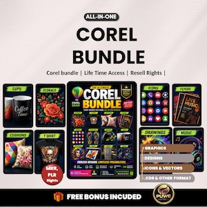 Puede incluir: Un anuncio de un paquete Corel, con una tableta que muestra varios elementos de diseño. La imagen incluye iconos, folletos, dibujos y gráficos. El texto incluye "Corel Bundle", "Life Time Access" y "Resell Rights".