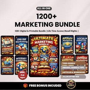 Puede incluir: Un paquete de marketing digital con el texto "1200+ MARKETING BUNDLE" y "ULTIMATE MARKETING BUNDLE!" en una tableta. La imagen incluye iconos de marketing online, de afiliación, social y digital, además de libros electrónicos, guías y artículos.