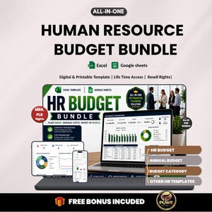 May include: A digital Human Resource Budget Bundle template for Excel and Google Sheets. The display shows a laptop and mobile device with financial dashboards, charts, and HR budget data. Text includes ALL-IN-ONE, HR BUDGET BUNDLE, and FREE BONUS INCLUDED.