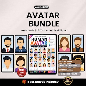 May include: An "All-in-One Avatar Bundle" graphic with the text "Avatar Bundle" and "Human Avatar Bundle". The image includes various avatar examples and the text "Free Bonus Included".