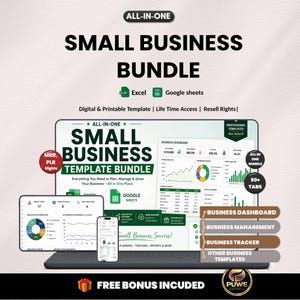 Może przedstawiać: Cyfrowy pakiet szablonów dla małych firm wyświetlany na laptopie, tablecie i smartfonie. Pakiet zawiera szablony Excel i Arkuszy Google z tekstem "Small Business Bundle" i "Free Bonus Included".