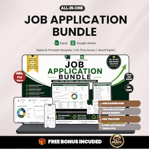 May include: A digital job application bundle displayed on a laptop, tablet, and smartphone. The bundle includes templates for job dashboards, application management, and job tracking. The image features the text "JOB APPLICATION BUNDLE" and "FREE BONUS INCLUDED".