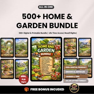 以下が含まれることがあります： 「500+ HOME & GARDEN BUNDLE」のテキストが入った、デジタルホーム＆ガーデンバンドルの広告。画像には、庭、温室、フラワーアレンジメントのイラストが描かれています。バンドルには、電子書籍、記事、ガイド、ヒントが含まれており、A4およびUSレター形式です。