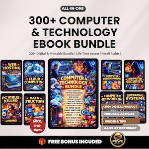 May include: An ebook bundle graphic with the text "300+ Computer & Technology Ebook Bundle." The image features various ebook covers on topics like web hosting, cloud computing, and computer security. Includes "Free Bonus Included" text.