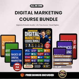 May include: A digital marketing course bundle featuring a central tablet display with the text The Ultimate Digital Marketing Course Bundle, surrounded by smaller tablets showing various course topics, MRR and PLR rights, and a free bonus included label.
