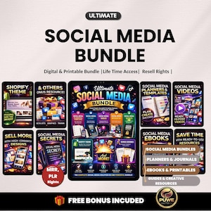 May include: A digital graphic promoting a social media bundle. The image features the text "Ultimate Social Media Bundle" and includes icons for Shopify themes, ebooks, planners, and videos. The bundle offers resell rights and lifetime access.