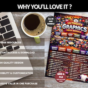 以下が含まれることがあります： ノートパソコン、コーヒーカップ、プロモーションフライヤーの俯瞰図。 「Ultimate Graphics Mega Bundle」と題されたフライヤーには、グラフィック、ビデオ、テンプレートなど、多数のデザインリソースがリストされています。 テキスト「Why You'll Love It?」が上部にあります。