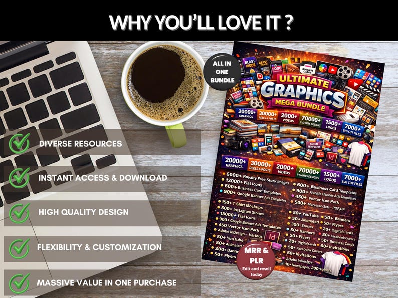 以下が含まれることがあります： ノートパソコン、コーヒーカップ、プロモーションフライヤーの俯瞰図。 「Ultimate Graphics Mega Bundle」と題されたフライヤーには、グラフィック、ビデオ、テンプレートなど、多数のデザインリソースがリストされています。 テキスト「Why You'll Love It?」が上部にあります。