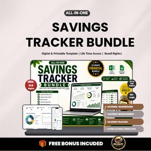 May include: A digital savings tracker bundle, featuring the text "SAVINGS TRACKER BUNDLE". The image shows a laptop, tablet, and smartphone displaying financial data. The text "FREE BONUS INCLUDED" is also visible in the image.