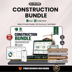 Op de afbeelding: Een digitaal constructiepakket, weergegeven op een laptop, tablet en smartphone. Het pakket bevat Excel- en Google Sheets-sjablonen voor projectmanagement, met de tekst "CONSTRUCTION BUNDLE". De afbeelding toont ook een kraan en de tekst "FREE BONUS INCUDED."