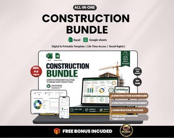 May include: A digital construction bundle displayed on a laptop, tablet, and smartphone. The bundle includes Excel and Google Sheets templates for project management, with the text "CONSTRUCTION BUNDLE" prominently displayed. The image also includes a crane and the words "FREE BONUS INCLUDED."