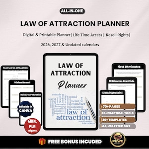 Law of attraction planner| List of attraction| Manifestation planner| Vision board| Visualisation |Reflections| Affirmations| PLR MRR Rights