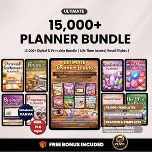 Könnte beinhalten: Ein digitales Planer-Bundle mit dem Text "ULTIMATE 15.000+ PLANNER BUNDLE". Das Bundle enthält Planer für persönliche Entwicklung, Finanzen, Business, Schwangerschaft, Manifestation, soziale Medien, Studenten und Gesundheit & Wellness. Es enthält auch den Text "Editable in Canva" und "MRR, PLR Rights".
