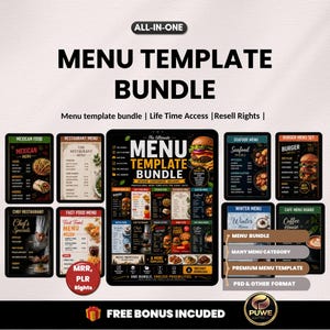 Könnte beinhalten: Eine Sammlung digitaler Menüvorlagen für verschiedene Restauranttypen, darunter mexikanische, Meeresfrüchte- und Burger-Menüs. Die Vorlagen werden auf schwarzen Hintergründen mit farbigen Essensbildern und Text angezeigt. Das Bundle beinhaltet einen kostenlosen Bonus und Wiederverkaufsrechte.