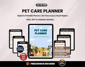 Pet Care Planner| Pet health record, Medical Tracker, Receipes, Pet visits, Pet vaccination, Pet supplies, Pet Binder | PLR MRR Rights