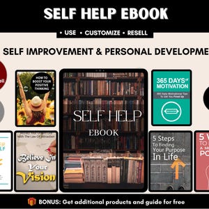 Pode incluir: Um pacote de produtos digitais para autoaperfeiçoamento e desenvolvimento pessoal. A imagem apresenta um ebook intitulado "Self Help" e vários outros ebooks com títulos como "365 dias de motivação" e "5 maneiras de se tornar mais positivo".