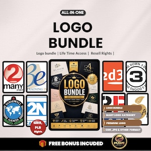 Peut inclure: Visuel numérique présentant un ensemble de logos. L'image affiche le texte "LOGO BUNDLE" et "ALL-IN-ONE". Le texte supplémentaire comprend "Life Time Access" et "Resell Rights". L'image comprend également le texte "FREE BONUS INCUDED".