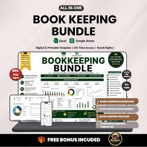 Könnte beinhalten: Ein digitales Buchhaltungs-Bundle, das auf einem Laptop, Tablet und Smartphone angezeigt wird. Das Bild zeigt den Text "BOOK KEEPING BUNDLE" mit Optionen für Excel und Google Sheets. Enthält "Digital & Printable Template" und "Resell Rights".