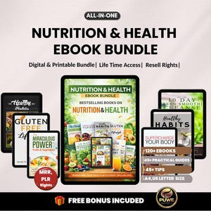 Pacote de e-books sobre Nutrição e Saúde | Coach de Saúde | Diário Alimentar | Planejador Nutricional | Sem Glúten | Musculação | Modelo Canva | Direitos MRR PLR