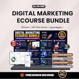 Puede incluir: Imagen que promociona un paquete de cursos de marketing digital. La imagen presenta una computadora portátil, una tableta y un teléfono inteligente que muestran contenido relacionado con el marketing. El texto incluye "Digital Marketing eCourse Bundle".