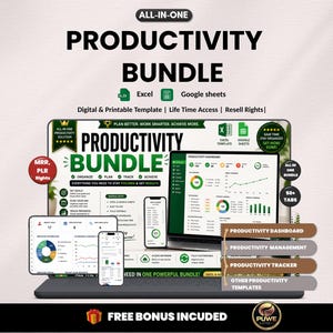 May include: A digital productivity bundle displayed on a laptop, tablet, and smartphone. The bundle includes Excel and Google Sheets templates, with the text "PRODUCTIVITY BUNDLE" and "FREE BONUS INCLUDED". The bundle offers digital and printable templates.