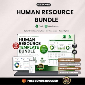 May include: A digital Human Resource Bundle with Excel and Google Sheets templates. The image shows a laptop, tablet, and phone displaying HR dashboards and data. Includes "MRR, PLR Rights" and "Free Bonus Included" text.