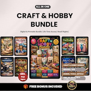 Puede incluir: Un paquete digital de manualidades y aficiones con el texto "ALL-IN-ONE CRAFT & HOBBY BUNDLE". El paquete incluye libros electrónicos, guías y patrones para la decoración del hogar, niños, manualidades divertidas, ropa, fotografía y libros de cocina. Incluye bonificación gratuita.