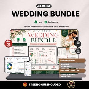 May include: A digital wedding bundle displayed on a laptop, tablet, and smartphone. The bundle includes templates for budgeting, management, and checklists. The image features the text "WEDDING BUNDLE" and "ALL-IN-ONE".