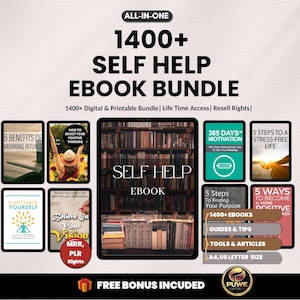 Paquete de más de 1400 libros electrónicos de autoayuda / Guía de desarrollo personal / Cuaderno de ejercicios para la mentalidad y la confianza / Libros electrónicos sobre productividad y éxito / Libros electrónicos PLR y MRR