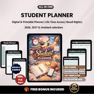 Student Planner| School planner |College Planner | Academic Planner, Class Organizer,Assignment tracker,Study Tools | PLR MRR Rights