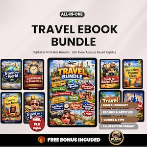 May include: A digital travel ebook bundle with various guides and resources. The image shows a central tablet displaying "Travel Bundle" and several smaller ebook covers. Text includes "Digital & Printable Bundle" and "Free Bonus Included". The format is A4 and US Letter.