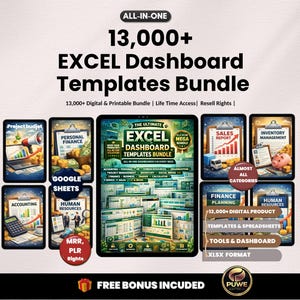 May include: An advertisement for an Excel dashboard templates bundle. The image features the text "13,000+ Excel Dashboard Templates Bundle" with various icons representing different categories like finance, sales, and human resources. The bundle includes digital and printable templates.