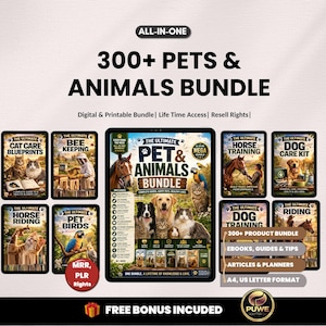 May include: An advertisement for a digital pet and animal bundle. The image features a tablet displaying the bundle's cover, surrounded by smaller thumbnails for various topics like cat care, bee keeping, and dog training. Text includes "300+ Pets & Animals Bundle".