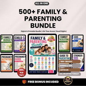 Può includere: Un pacchetto digitale e stampabile per famiglie e genitori con oltre 500 risorse. Il pacchetto include ebook, guide e articoli su argomenti come budget familiare, assistenza all'infanzia e istruzione parentale. Il pacchetto è in formato A4 e lettera USA.