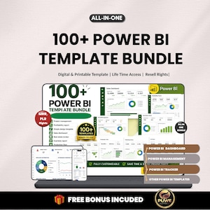 May include: A digital graphic promoting a 100+ Power BI Template Bundle. The image shows a laptop, tablet, and phone displaying Power BI dashboards. Text includes "Digital & Printable Template," "Life Time Access," and "Resell Rights."